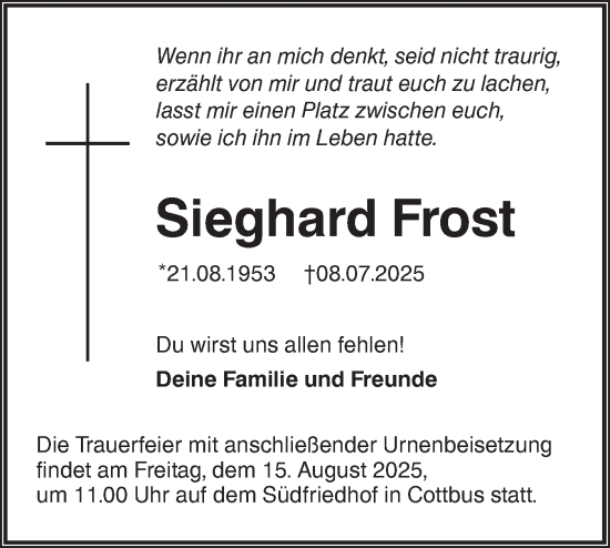 Traueranzeige von Sieghard Frost von Lausitzer Rundschau
