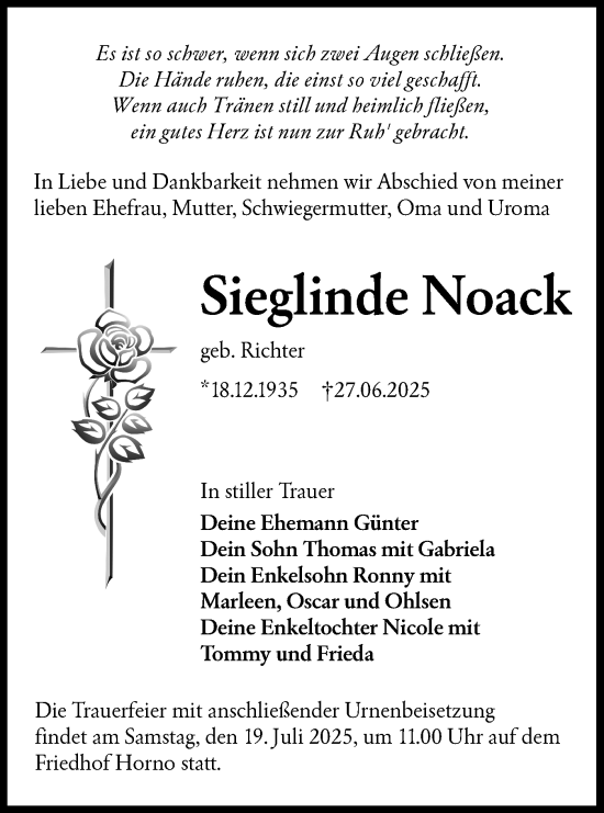 Traueranzeige von Sieglinde Noack von Lausitzer Rundschau