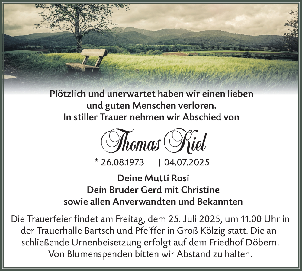  Traueranzeige für Thomas Kiel vom 19.07.2025 aus Lausitzer Rundschau