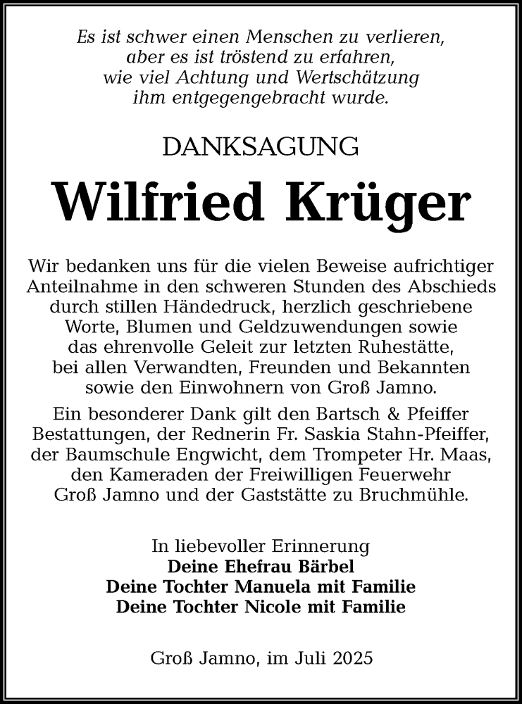  Traueranzeige für Wilfried Krüger vom 12.07.2025 aus Lausitzer Rundschau