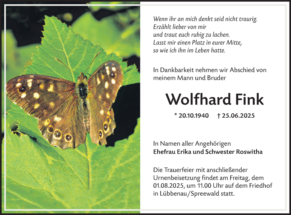  Traueranzeige für Wolfhard Fink vom 26.07.2025 aus Lausitzer Rundschau