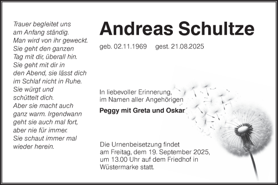 Traueranzeige von Andreas Schultze von Lausitzer Rundschau