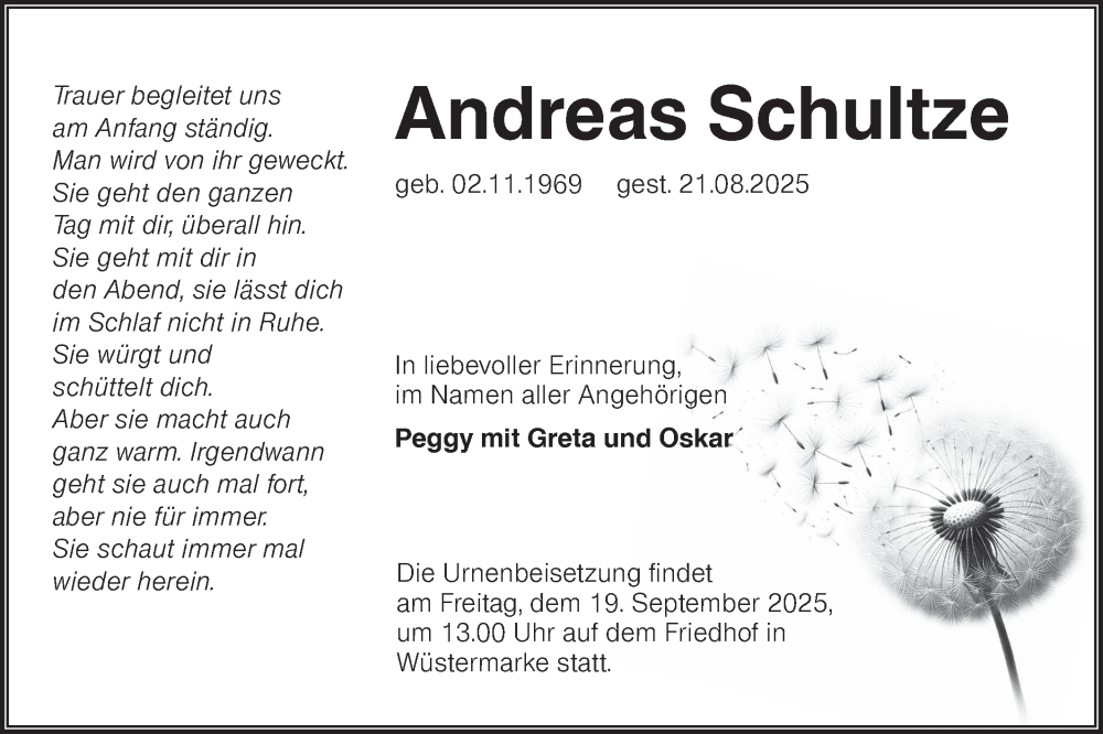  Traueranzeige für Andreas Schultze vom 30.08.2025 aus Lausitzer Rundschau