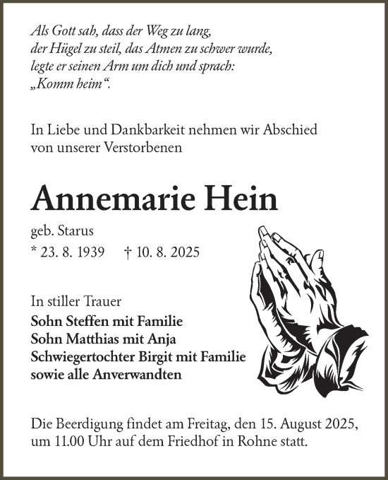 Traueranzeige von Annemarie Hein von Lausitzer Rundschau