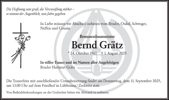 Traueranzeige von Bernd Grätz von Ausg. LR Spreewald RS