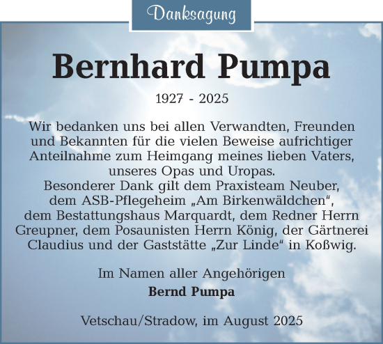 Traueranzeige von Bernhard Pumpa von Ausg. LR Spreewald RS