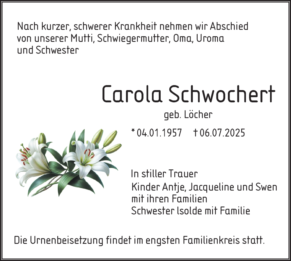  Traueranzeige für Carola Schwochert vom 02.08.2025 aus Lausitzer Rundschau