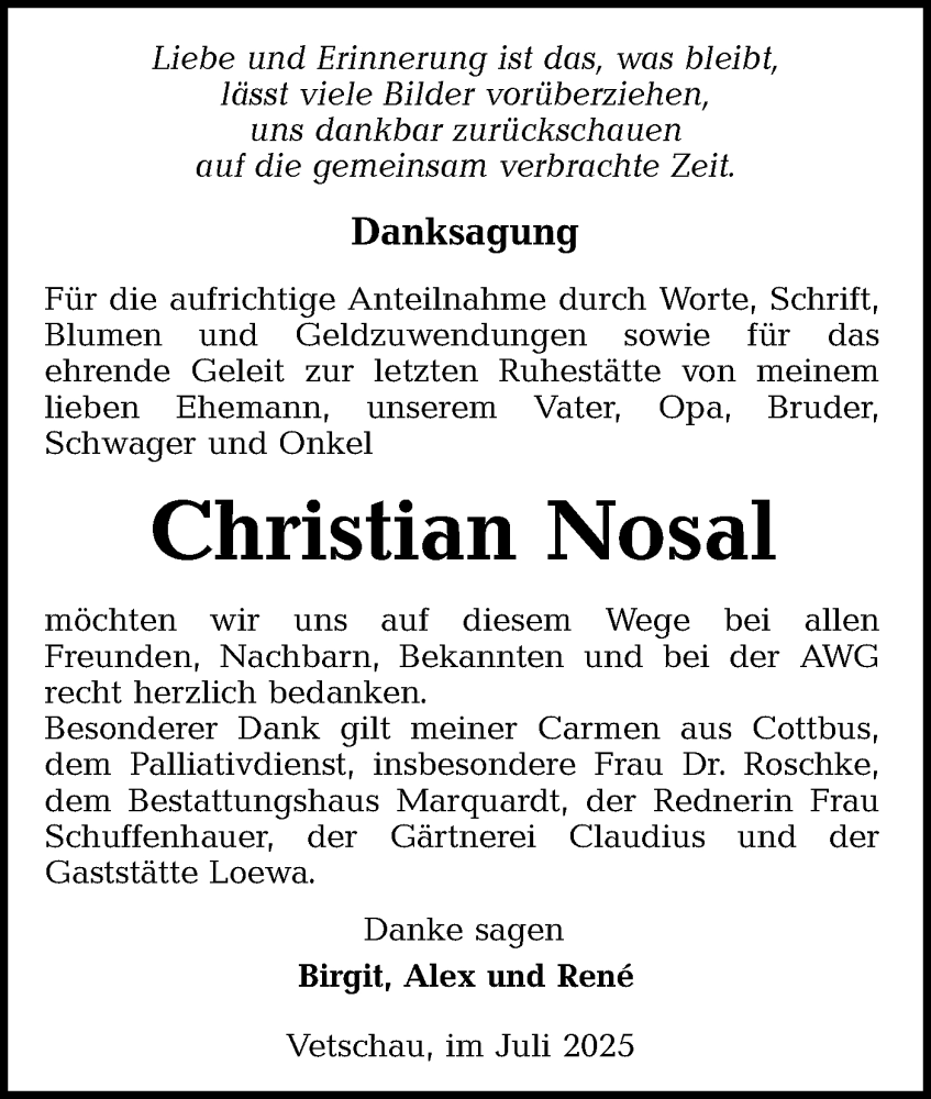  Traueranzeige für Christian Nosal vom 02.08.2025 aus Lausitzer Rundschau