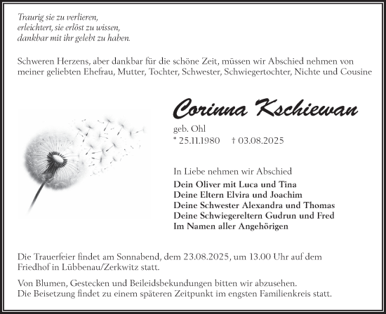 Traueranzeige von Corinna Kschiewan von Lausitzer Rundschau