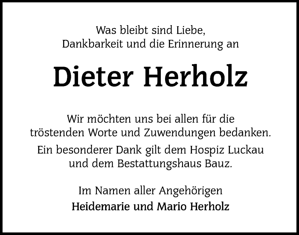  Traueranzeige für Dieter  Herholz vom 16.08.2025 aus Lausitzer Rundschau