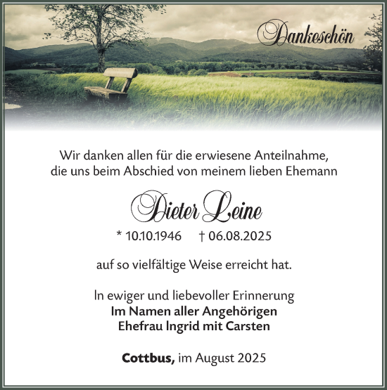 Traueranzeige von Dieter Leine von Lausitzer Rundschau