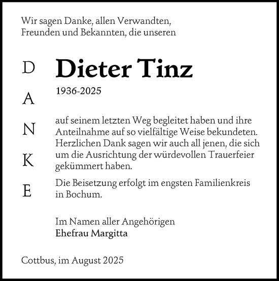 Traueranzeige von Dieter Tinz von Lausitzer Rundschau