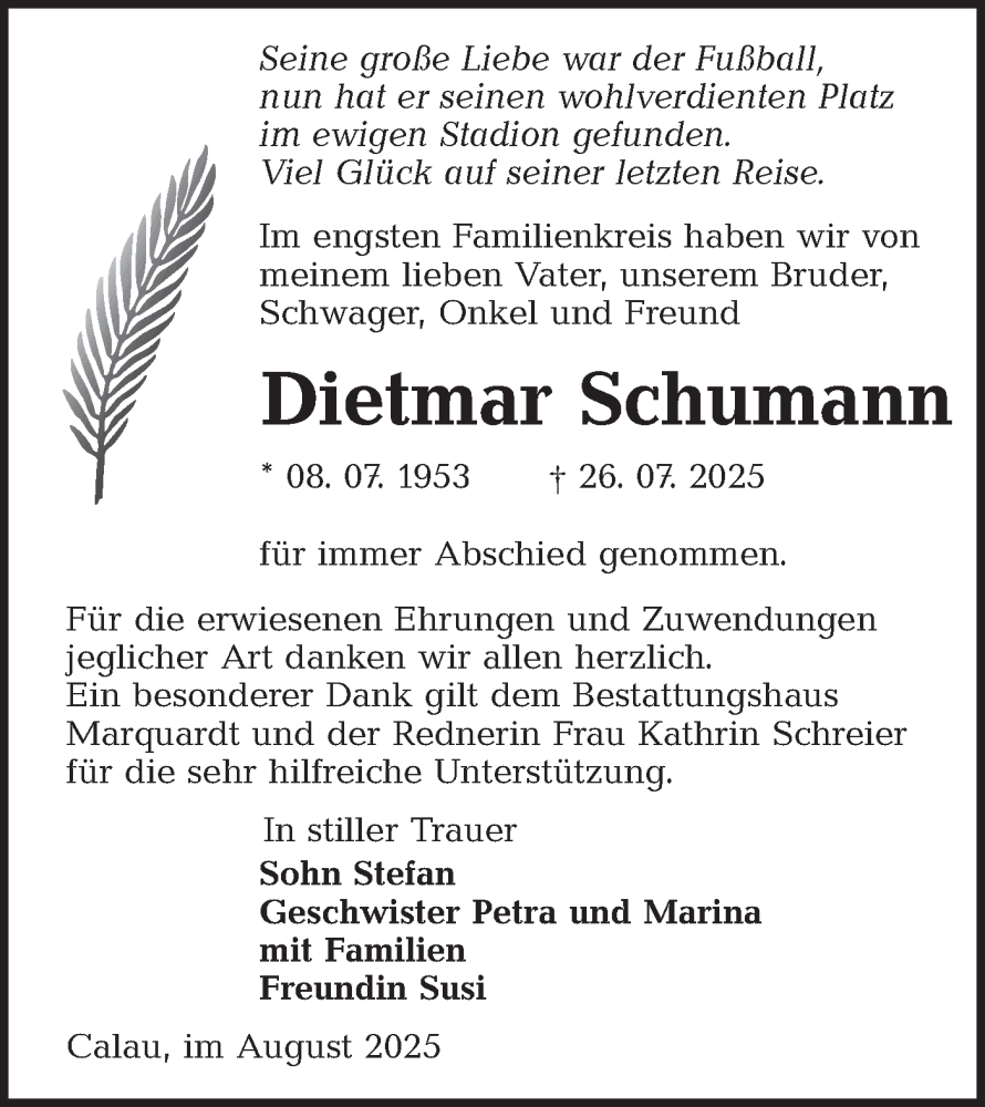  Traueranzeige für Dietmar Schumann vom 30.08.2025 aus Lausitzer Rundschau