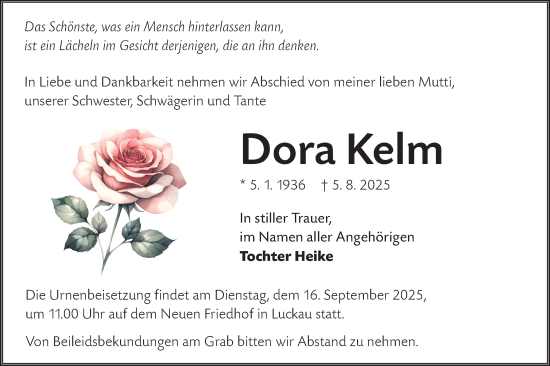 Traueranzeige von Dora Kelm von Lausitzer Rundschau