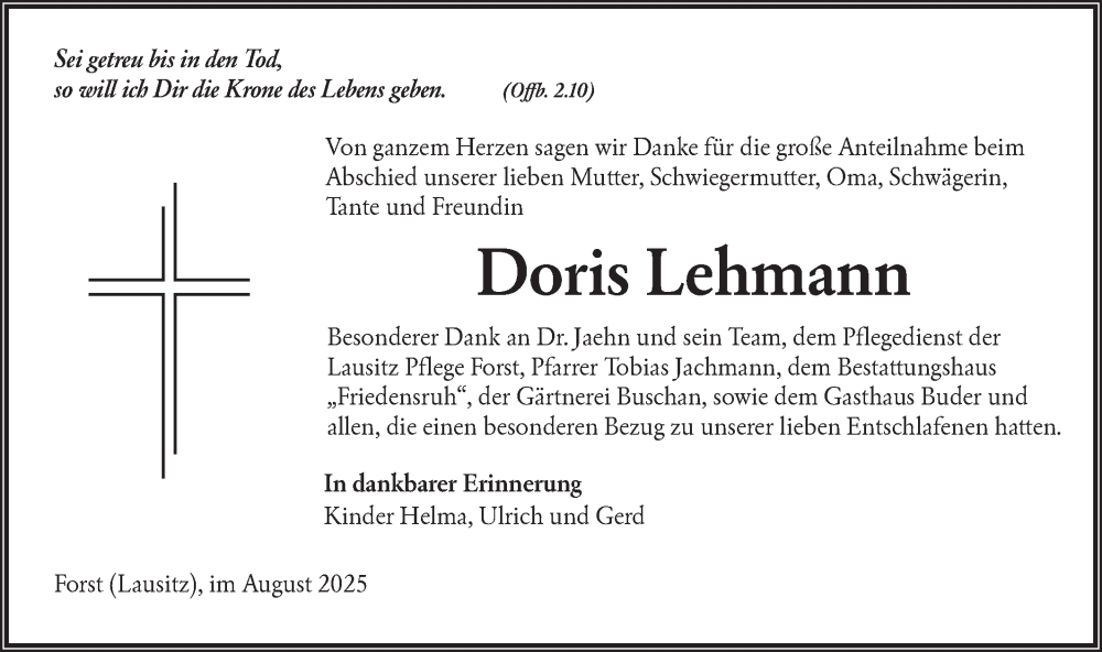  Traueranzeige für Doris Lehmann vom 23.08.2025 aus Lausitzer Rundschau