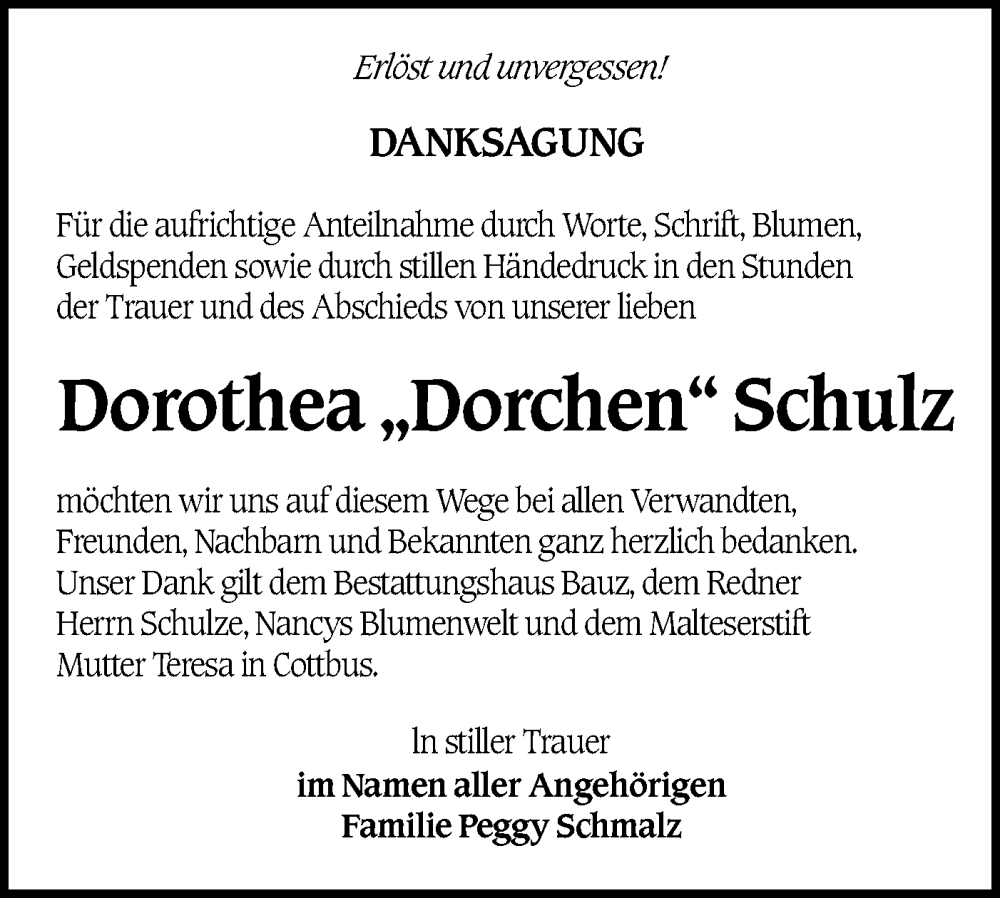  Traueranzeige für Dorothea Schulz vom 02.08.2025 aus Lausitzer Rundschau