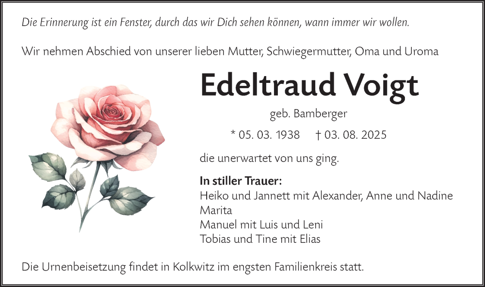  Traueranzeige für Edeltraud Voigt vom 16.08.2025 aus Lausitzer Rundschau