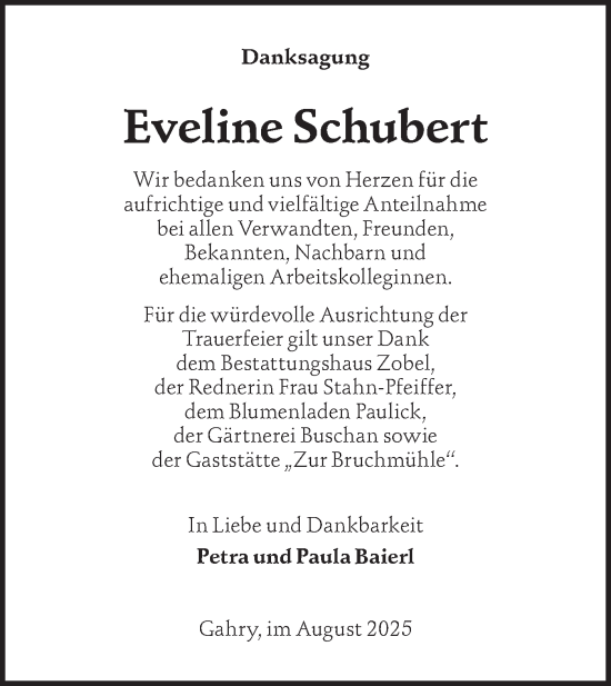 Traueranzeige von Eveline Schubert von Lausitzer Rundschau