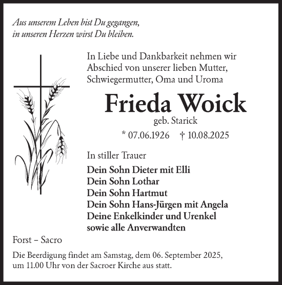 Traueranzeige von Frieda Woick von Lausitzer Rundschau