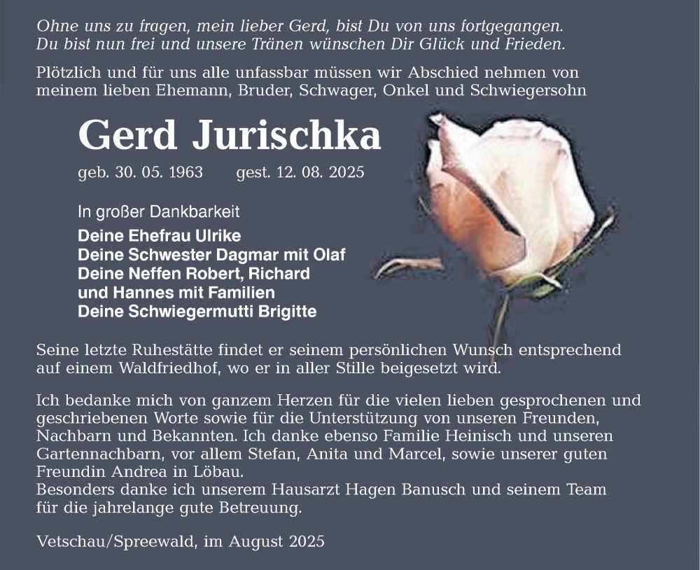  Traueranzeige für Gerd Jurischka vom 23.08.2025 aus Lausitzer Rundschau