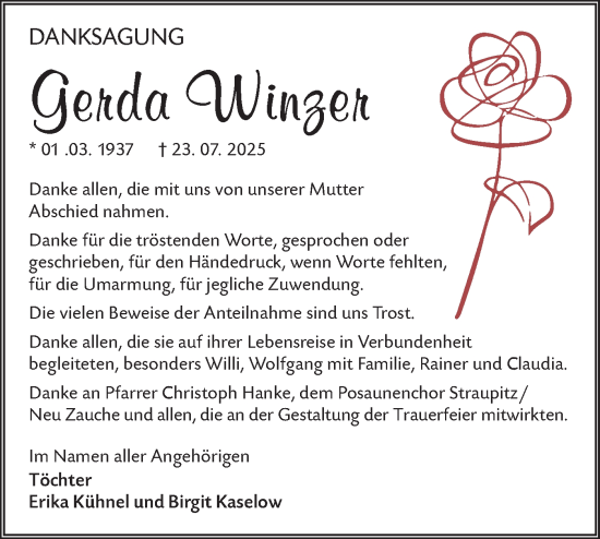 Traueranzeige von Gerda Winzer von Lausitzer Rundschau