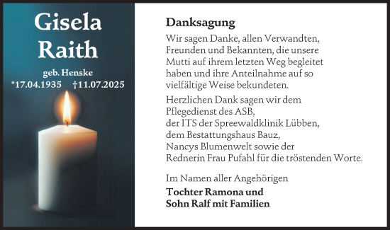 Traueranzeige von Gisela Raith von Lausitzer Rundschau