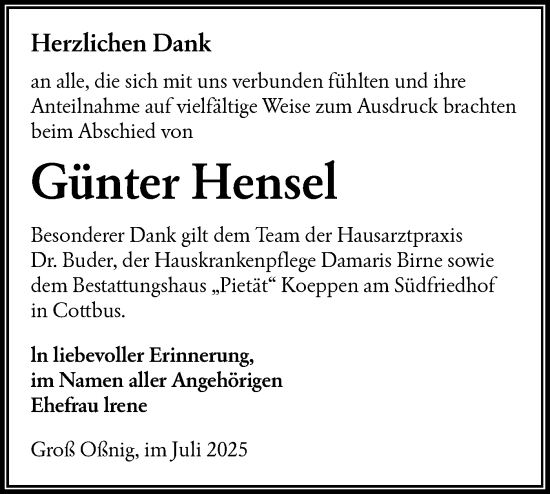 Traueranzeige von Günter Hensel von Lausitzer Rundschau