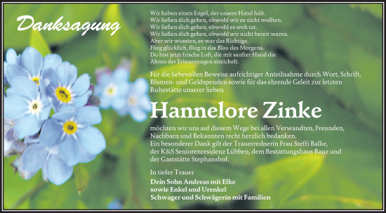 Traueranzeige von Hannelore Zinke von Lausitzer Rundschau