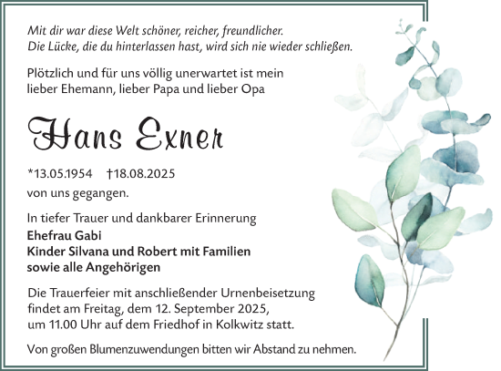 Traueranzeige von Hans Exner von Lausitzer Rundschau
