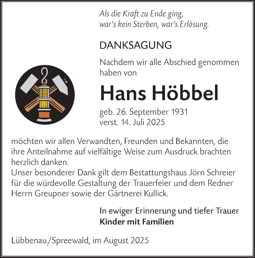  Traueranzeige für Hans Höbbel vom 30.08.2025 aus Ausg. LR Spreewald RS