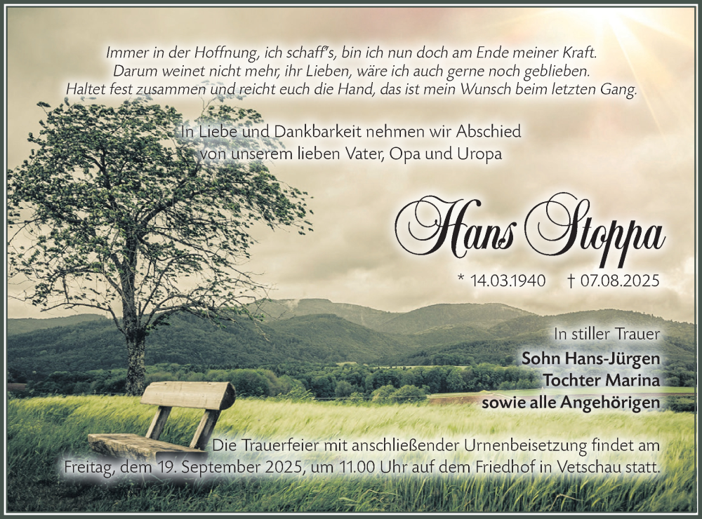  Traueranzeige für Hans Stoppa vom 23.08.2025 aus Lausitzer Rundschau
