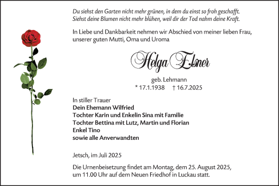 Traueranzeige von Helga Elsner von Lausitzer Rundschau