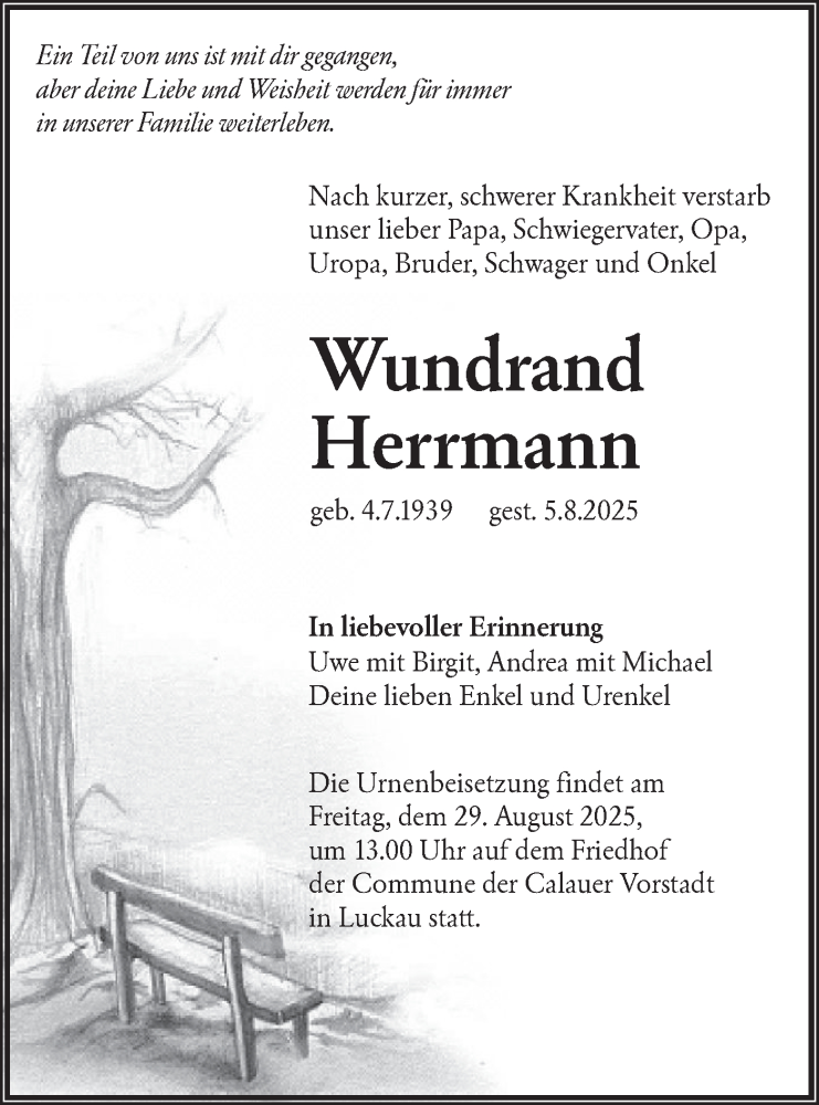  Traueranzeige für Herrmann Wundrand vom 16.08.2025 aus Lausitzer Rundschau