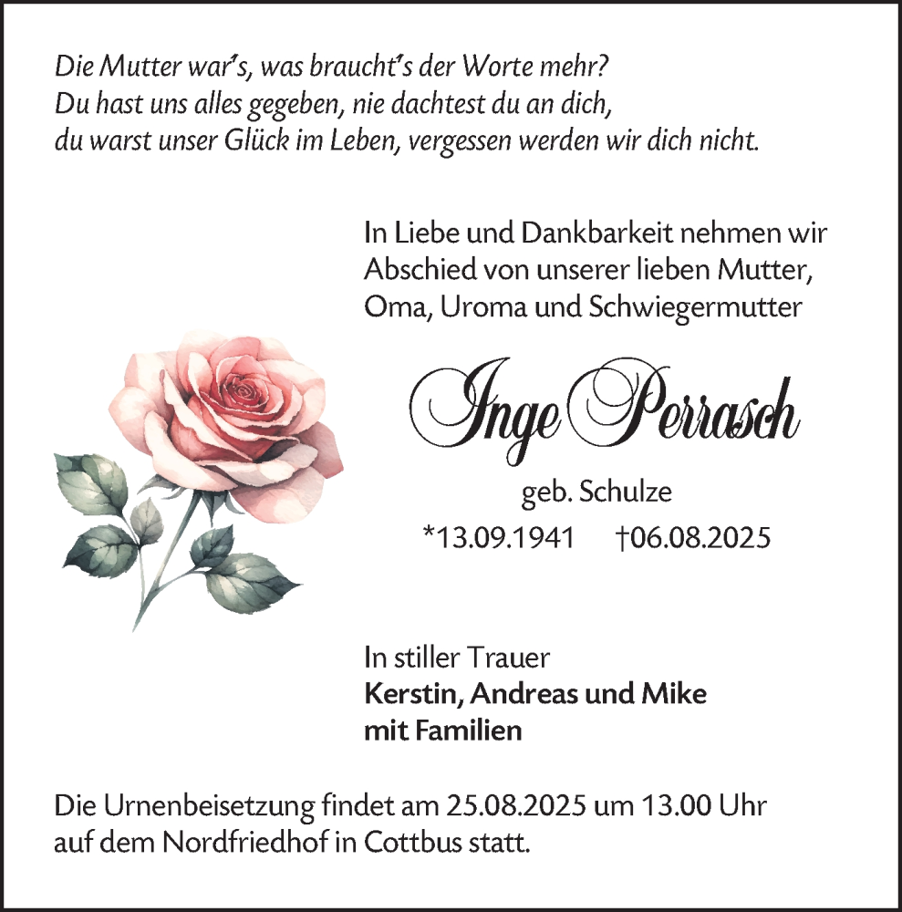  Traueranzeige für Inge Perrasch vom 16.08.2025 aus Lausitzer Rundschau