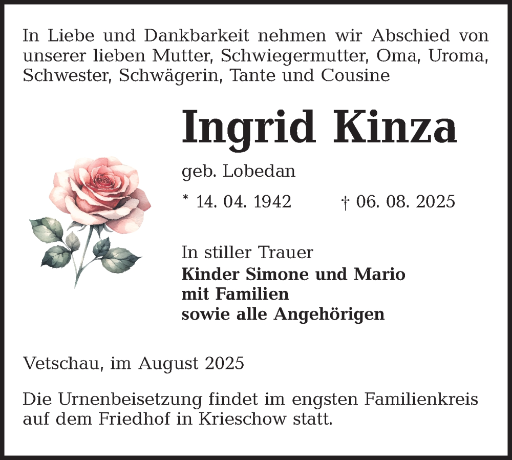  Traueranzeige für Ingrid Kinza vom 16.08.2025 aus Lausitzer Rundschau