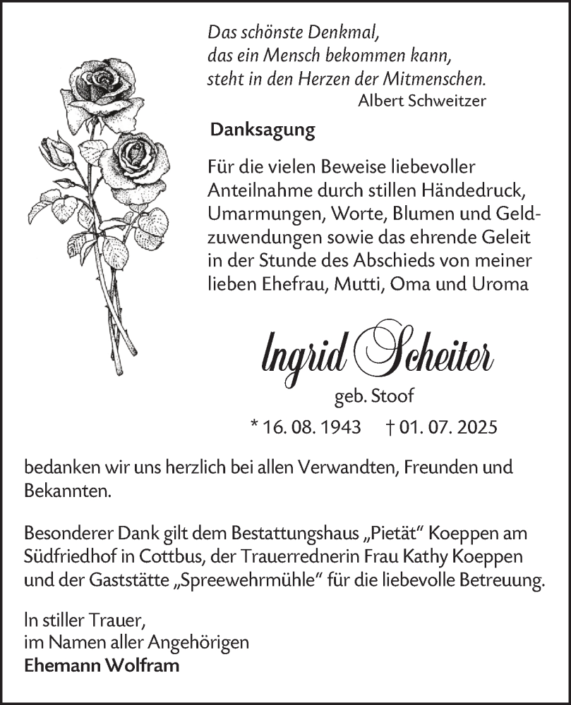  Traueranzeige für Ingrid Scheiter vom 23.08.2025 aus Lausitzer Rundschau