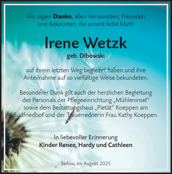 Traueranzeige von Irene Wetzk von Lausitzer Rundschau