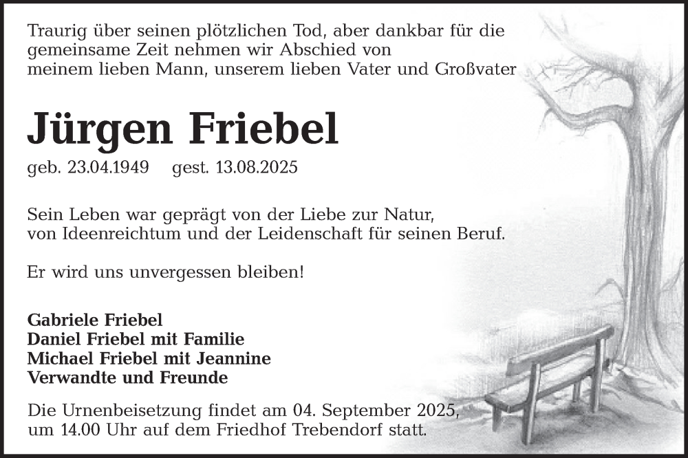  Traueranzeige für Jürgen Friebel vom 30.08.2025 aus Lausitzer Rundschau