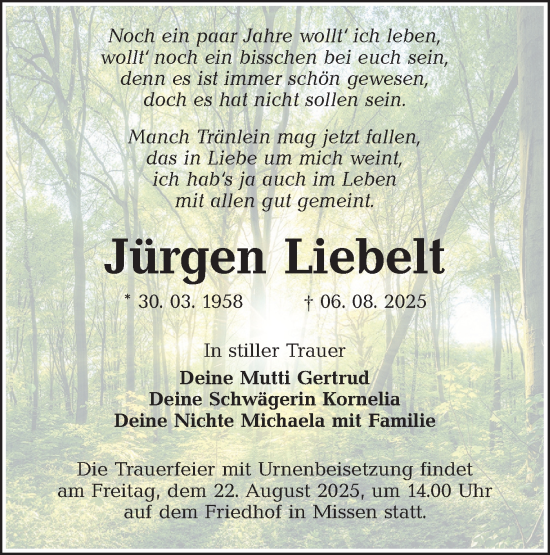 Traueranzeige von Jürgen Liebelt von Lausitzer Rundschau