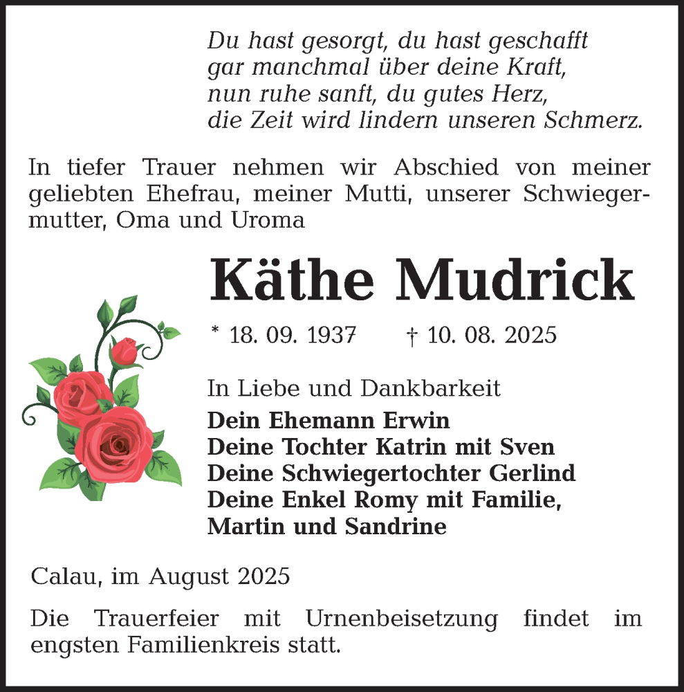  Traueranzeige für Käthe Mudrick vom 23.08.2025 aus Lausitzer Rundschau