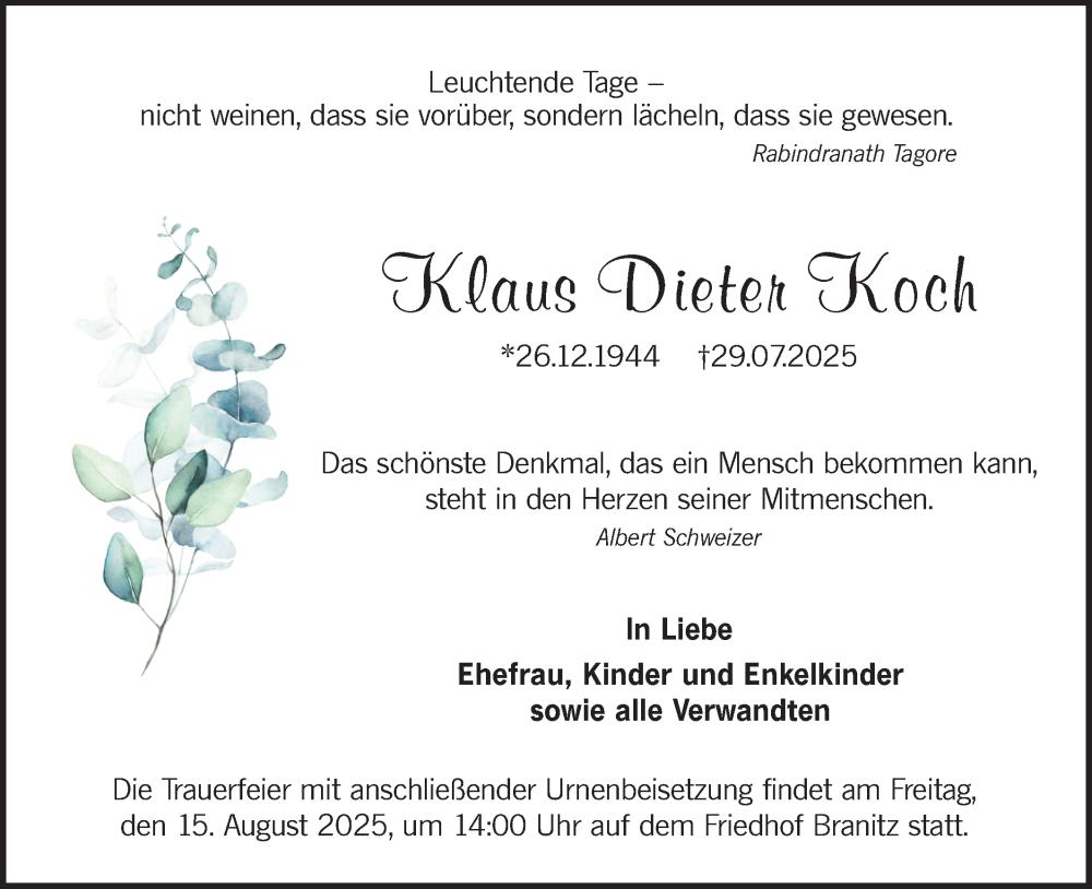  Traueranzeige für Klaus Dieter Koch vom 09.08.2025 aus Lausitzer Rundschau