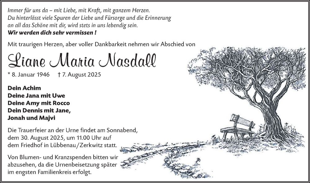  Traueranzeige für Liane Maria Nagdall vom 23.08.2025 aus Ausg. LR Spreewald RS