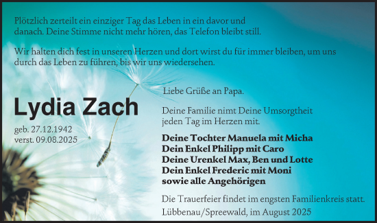 Traueranzeige von Lydia Zach von Lausitzer Rundschau