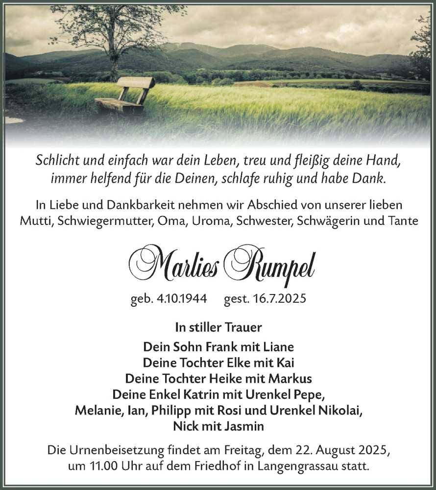  Traueranzeige für Marlies Rumpel vom 09.08.2025 aus Lausitzer Rundschau
