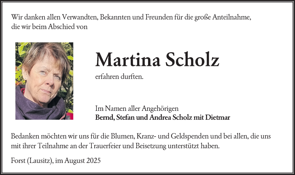  Traueranzeige für Martina Scholz vom 02.08.2025 aus Lausitzer Rundschau