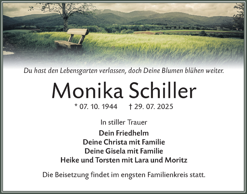  Traueranzeige für Monika Schiller vom 09.08.2025 aus Lausitzer Rundschau