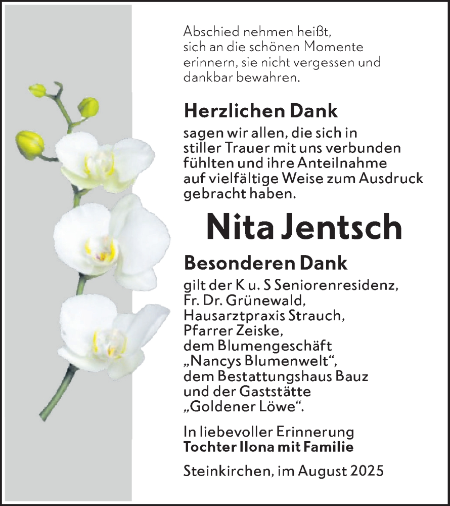  Traueranzeige für Nita Jentsch vom 30.08.2025 aus Lausitzer Rundschau