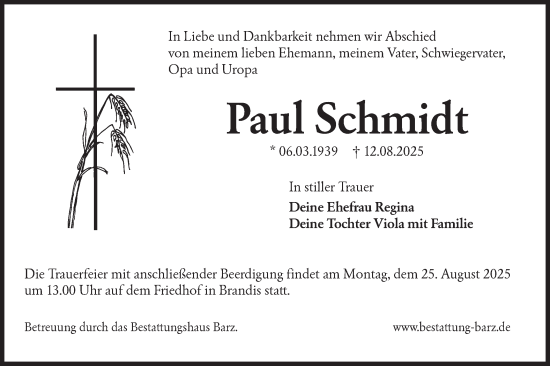 Traueranzeige von Paul Schmidt von Lausitzer Rundschau