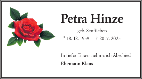 Traueranzeige von Petra Hinze von Lausitzer Rundschau