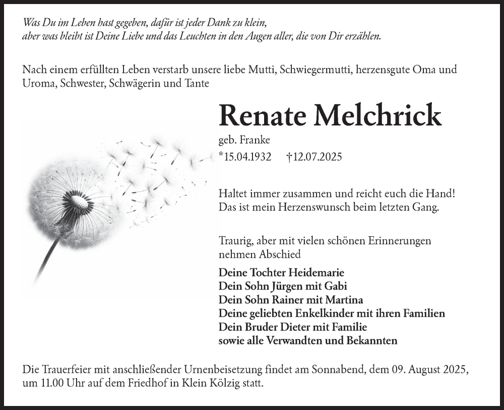  Traueranzeige für Renate Melchrick vom 02.08.2025 aus Lausitzer Rundschau